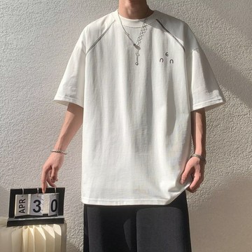美式解構印花圓領T恤短袖夏季重磅運動設計情侶慵懶上衣寬鬆體恤