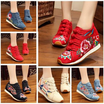 月琴 老北京布鞋加棉繡花鞋廣場舞鞋 刺繡舞蹈運動旅游內增高女鞋