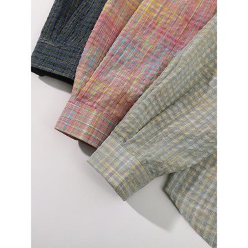 美式多巴胺黃灰格子襯衫男女情侶款開衫純棉寬松款泡泡紗外套襯衣