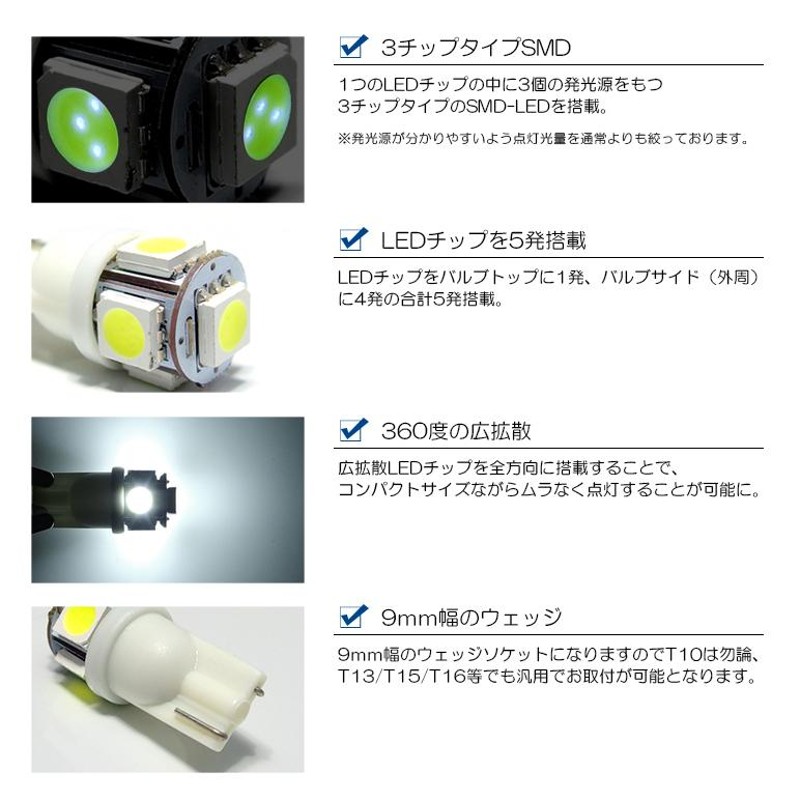 ポジション球 LED T10 3チップ SMD 5発 ホワイト 20個セット - パーツ