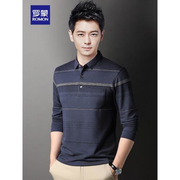 羅蒙男士長袖T恤春秋季新款商務休閑條紋帶翻領Polo衫男裝上衣服