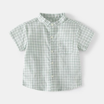 WELLKIDS - 純棉休閒立領短袖襯衫-格子-綠色