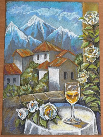 夏日午後 玫瑰 軟質油畫棒 繪畫 靜物 酒 房屋屋頂