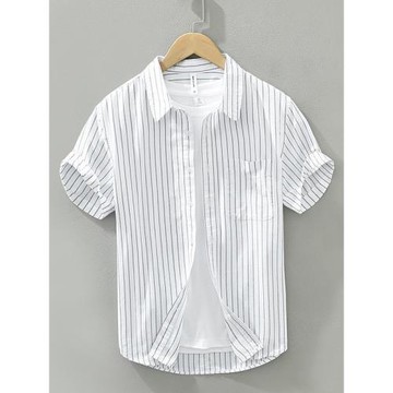 日系簡約男士夏季短袖襯衫時尚休閑清新條紋上衣舒適純棉百搭襯衣