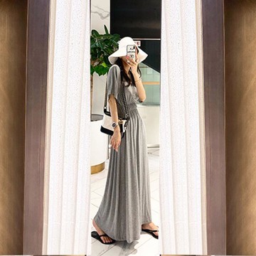 長洋裝 超長款莫代爾黑色及踝長裙韓版氣質顯瘦收腰氣質連身裙寬鬆休閑裙