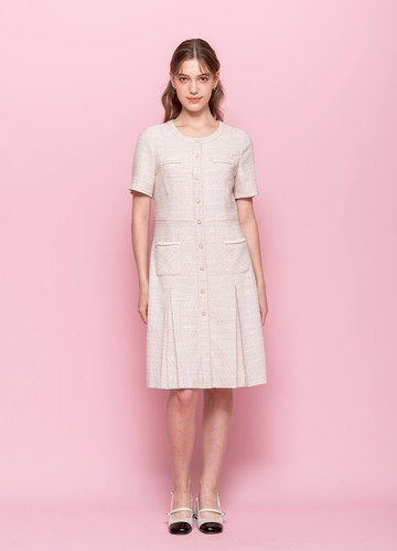 晨露粉蘊珠飾花紗洋裝