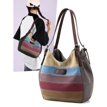 帆布包2025新款單肩包條紋拼接手提包媽媽包托特包復古文藝包女包