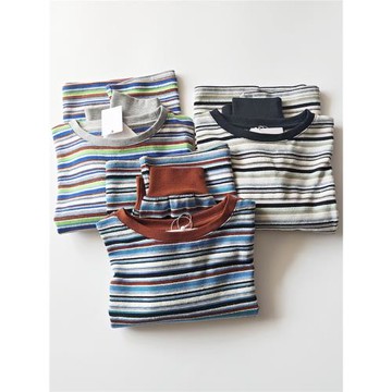 日單日系復古彩色撞色線條紋肌理針織棉質混紡短款長袖T恤上衣女