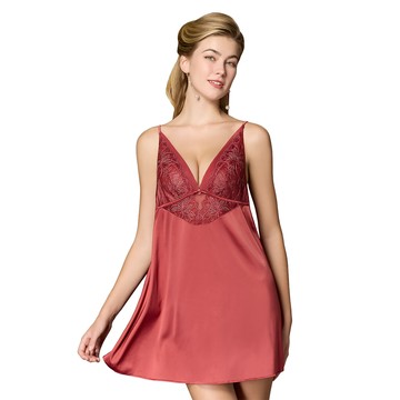 【思薇爾】迷蝶浮花系列連身蕾絲刺繡性感睡衣(栗梅紅)