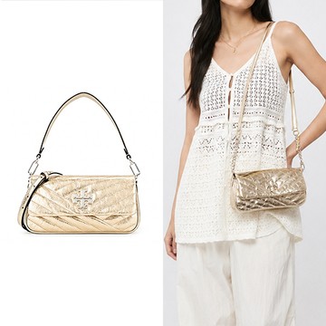 TORY BURCH KIRA 雙T字LOGO斜紋衍縫肩/斜兩用包-金色 _廠商直送
