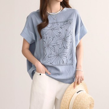 質感印花落肩短袖上衣