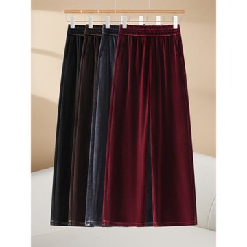 安可拉紅金絲絨闊腿褲女2025春秋季新款松緊高腰寬松休閑直筒褲子