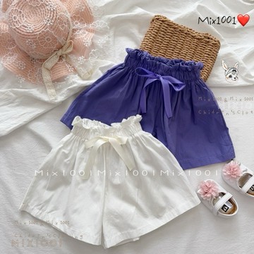 🌈✨mix1001百搭質感蝴蝶結緞帶高腰短褲 ✨兒童純色闊腿短褲5-17