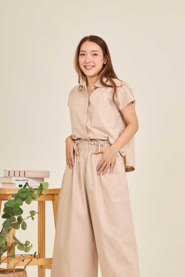 牛津棉質高腰寬褲 - CHAAIM : 米白色