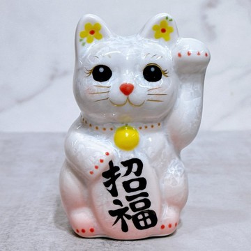 【桃白招福】日本清水燒招財貓 | 花結晶 桃白 左 特小