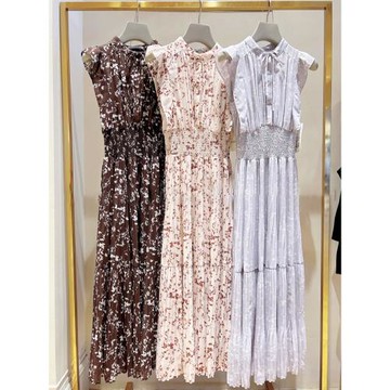 (免運)小泡芙日系夏款女裝甜美荷葉小飛袖印花收腰百褶無袖連衣長裙女