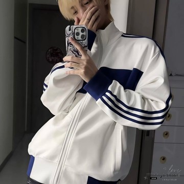 ✨限時惠購⚡ 秋冬夾克 美式複古藍白拚接立領夾克男春秋新款三條槓潮牌百搭情侶開衫外套 防風外套