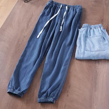 薄款天絲！出日本外貿男裝剪標尾貨夏季寬松休閑牛仔褲束腳長褲男