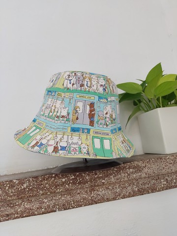 手工雙面漁夫帽/短帽簷/遮陽帽/藍綠色/貓咪電車