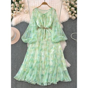 法式初戀粉色圓領雪紡碎花連衣裙2026春秋新款氛圍感氣質茶歇長裙