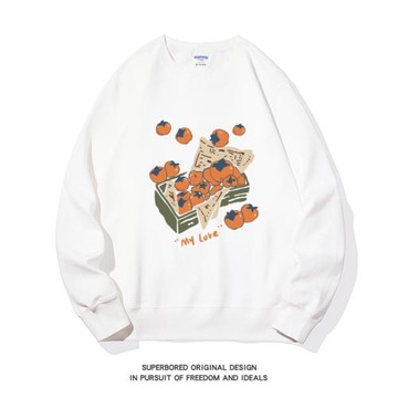 小眾設計感柿子印花衛衣男秋冬季青少年圓領寬松休閑套頭上衣