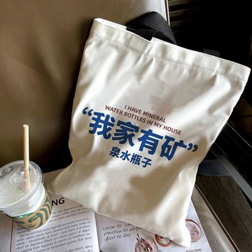 我家有礦泉水瓶子帆布包女帆布袋大容量手提大學生上課新款拉鏈