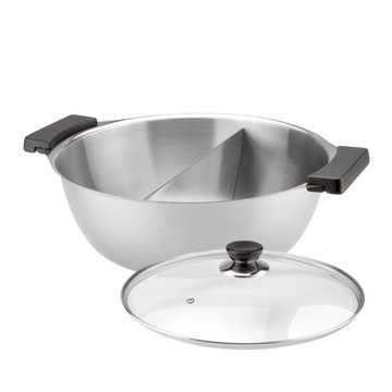 潔豹康傑雙格火鍋 SUS304不鏽鋼 4.0L 適用於紅外線爐/瓦斯爐/鹵素爐/電爐  30cm  銀色 + 黑色 + 透明色  1個