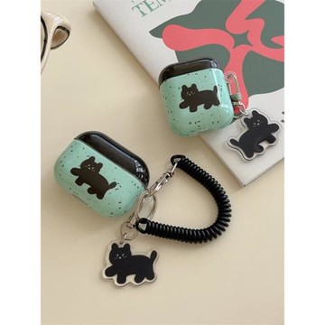 薄荷綠簡約潑墨貓咪適用AirPods4保護套1/2代Pro2黑色蘋果無線藍牙耳機殼AirPods三代防摔硅膠殼華強北五代女