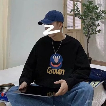 高級感衛衣男 秋冬季 新款 加絨 美式 潮牌 卡通印花 長袖T恤 圓領 寬鬆 休閒 大學T