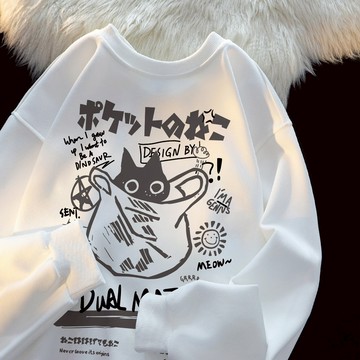 潮范十足！大學t 大學t長袖 口袋貓咪 美式復古大學t 美式長袖 寬鬆大學t 設計感上衣 大學t 女 長袖衛衣 冬季衣服
