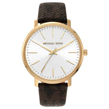 【Michael Kors】MK2857 LOGO格紋皮革錶帶 大三針點鑽女錶 白 35mm MK女錶