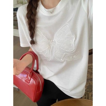 韓國chic夏季小眾氣質圓領刺繡蕾絲蝴蝶結設計寬松百搭短袖T恤女