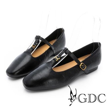 GDC-復古簡約金屬T釦瑪莉珍平底鞋-黑