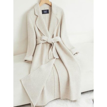 2025新款燕麥色雙面羊絨大衣女中長款氣質收腰秋冬加厚羊毛呢外套