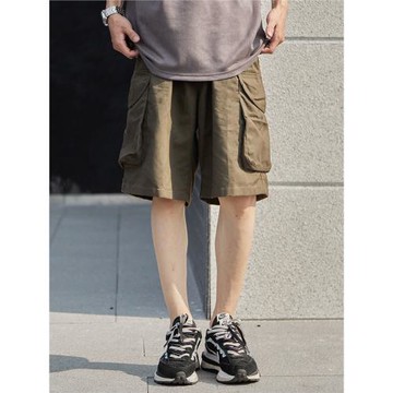 美式直筒寬松工裝短褲男夏季抽繩松緊大口袋新款百搭休閑五分褲