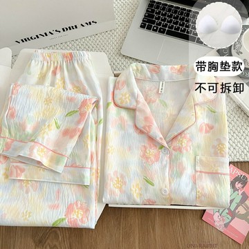 春秋爆款雲朵棉帶胸墊睡衣女ins甜美可愛長袖長褲碎花家居服套裝女生長袖睡衣 女生居家甜美休閒睡衣 女生可愛睡衣