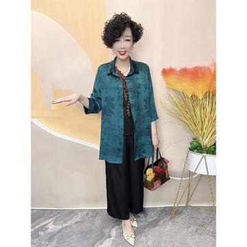 媽媽桑蠶絲上衣夏季新款高品質真絲暗紋提花開衫中長款中袖防曬衣