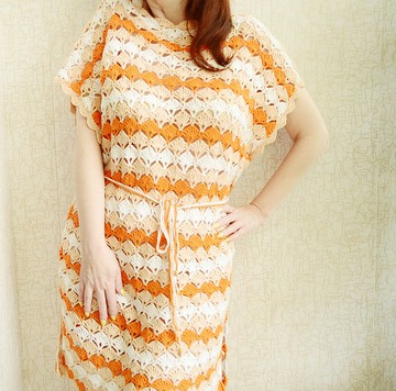 針織棉連衣 條紋米色鉤針連衣裙  夏季棉束腰連衣裙