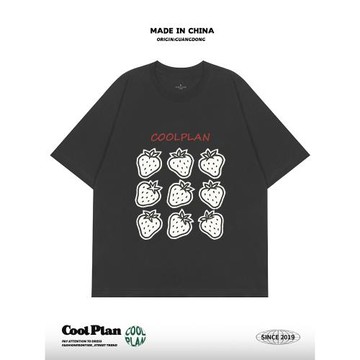 Coolplan白色草莓合集美式手繪涂鴉復古學院小眾設計寬松短袖上衣