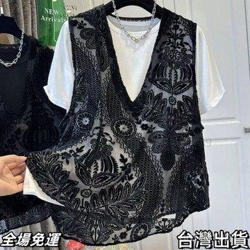 速.發 2025年法式提花蕾絲植絨花V領鏤空背心獨特設計時尚百搭馬甲女 台出