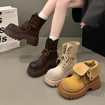 【現貨出清】可反摺兩穿．經典皮革拼接絨布繫帶圓頭厚底中筒靴．白鳥麗子