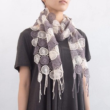 草木染球根刺繡花邊圍巾 紫香染