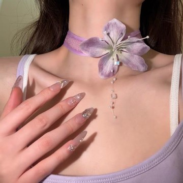 HEY TAO超仙氛圍感紫色花朵choker早春度假風項鏈女高級感鎖骨鏈