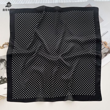 免運 黑白簡約波點仿真絲 絲巾女 百搭頭巾綁發系腰裝飾時尚休閑方巾qxm8012