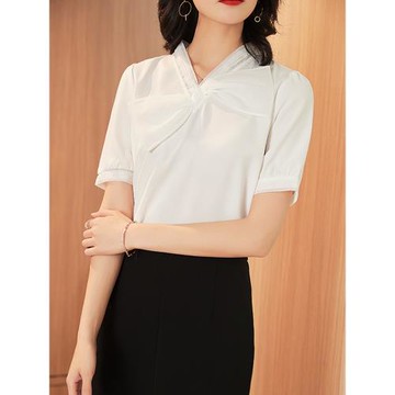 白色雪紡衫女v領蝴蝶結短袖新款小眾夏季襯衣寬松遮肉氣質上衣