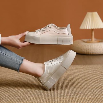 厚底鞋女西班牙綢緞小眾丑萌圓頭系帶休閑鞋粉色少女面包鞋顯腳小