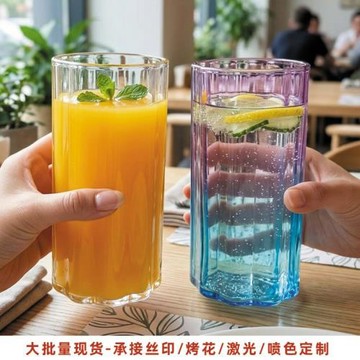 跨境漸變杯子簡約玻璃杯威士忌杯冷飲杯家用條紋水杯果汁咖啡杯