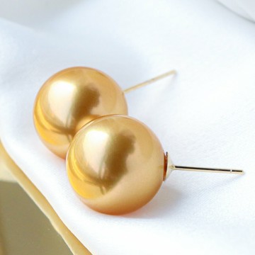 簡單款 南洋金珠 耳環 18K金 天然海水 濃金珍珠 耳飾 正圓珍珠 強光珍珠 鏡面設計