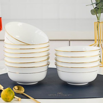 唐山骨瓷碗10個裝金邊4.5英寸米飯碗家用6英寸面碗湯碗碟套裝餐具