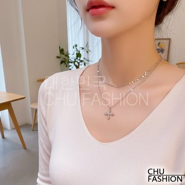 【CHU】韓國直輸 銀鍊十字鑽飾雙層項鍊 韓系高雅層次款